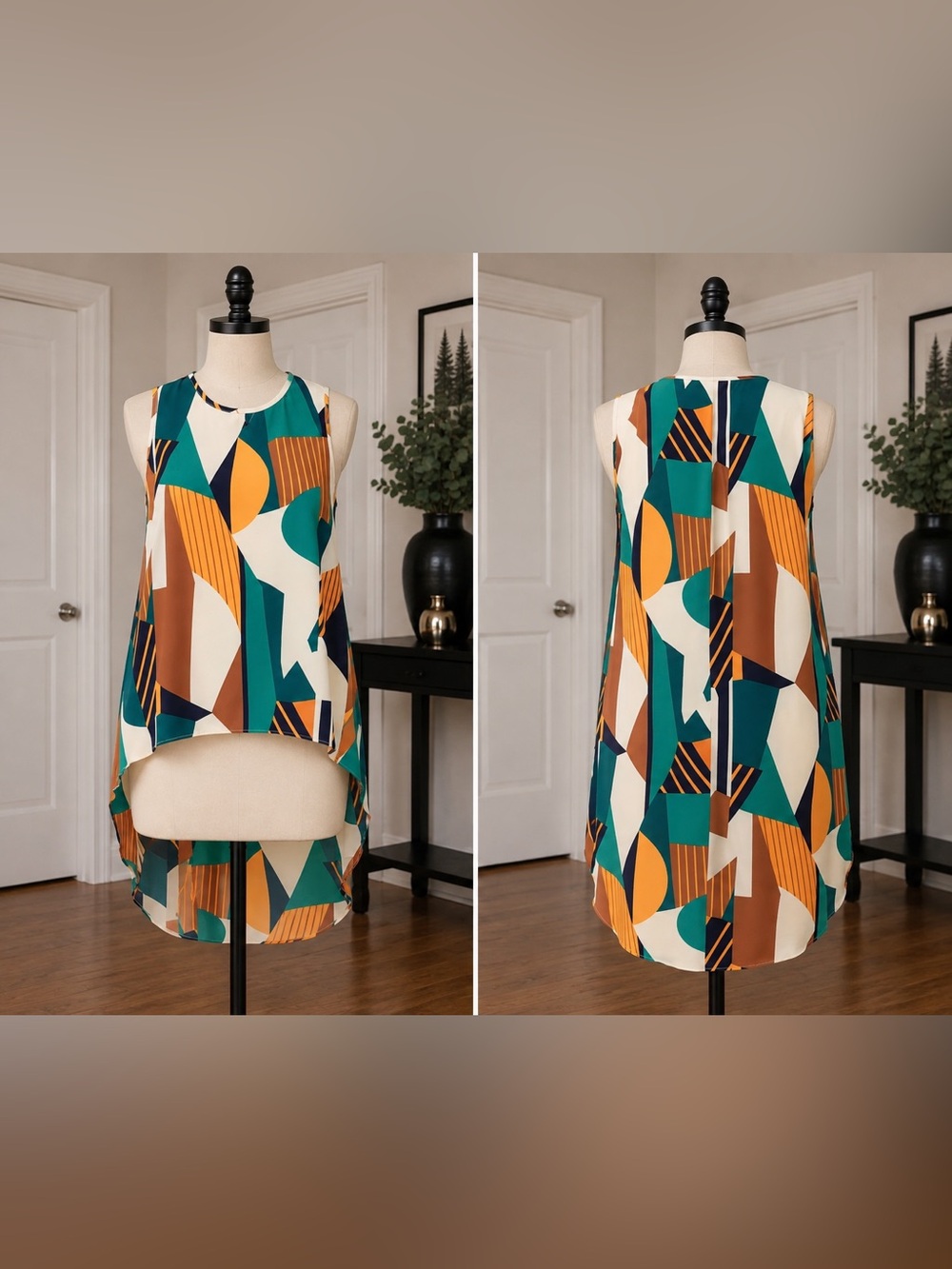 Sleeveless Geometric-Print Maxi Dress in Teal, Mustard & Cream